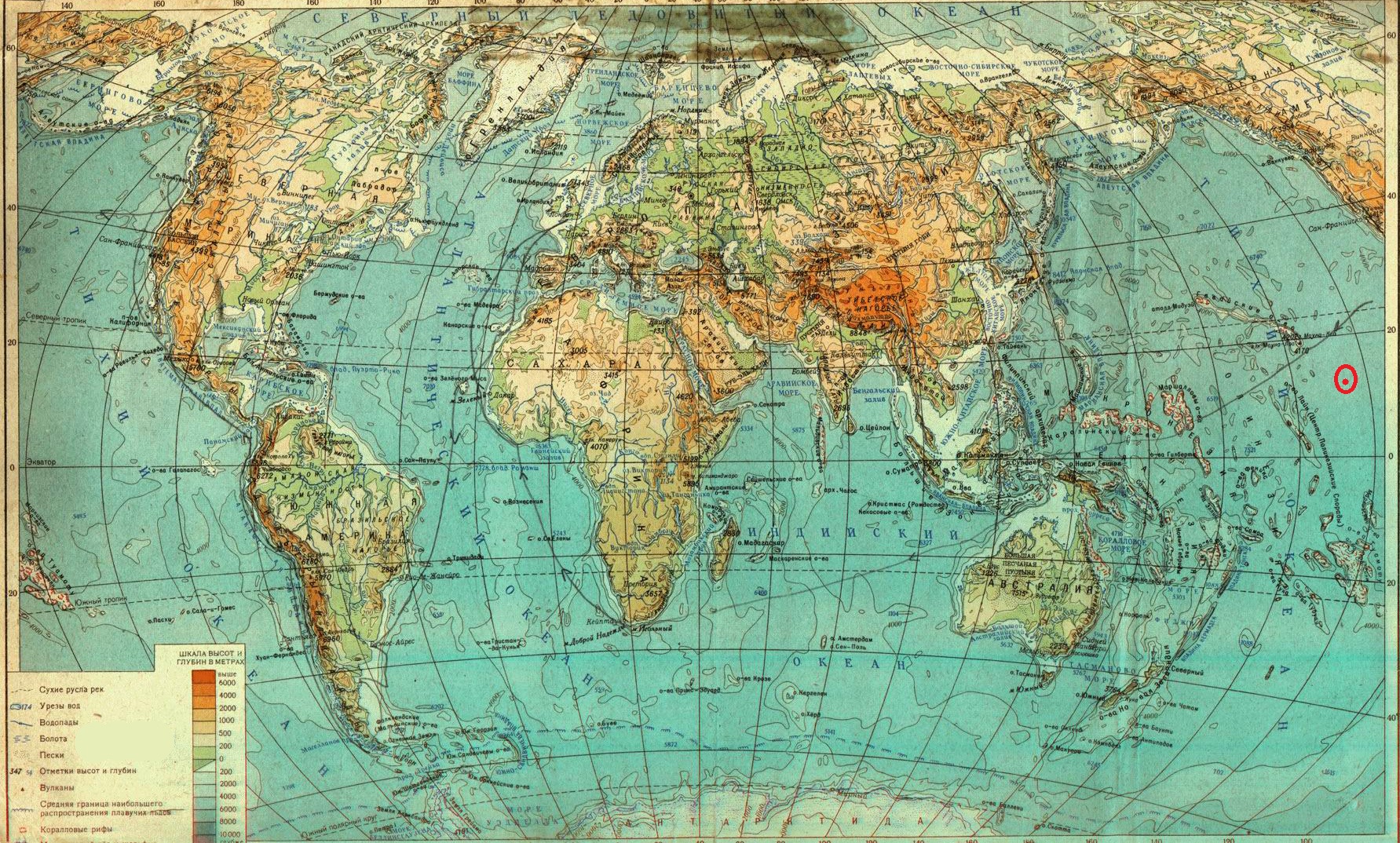 Физическая карта мира с меридианами и параллелями