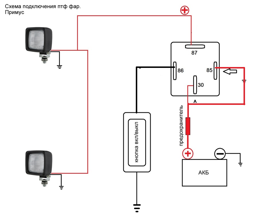 Схема подсоединения противотуманных фар через реле схема подключения
