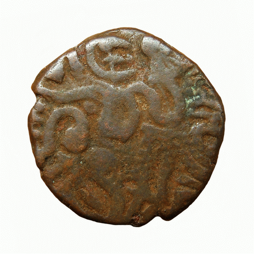 Индия, династия Чола, медная монета, X век, Кришна, играющий на флейте-1.gif
