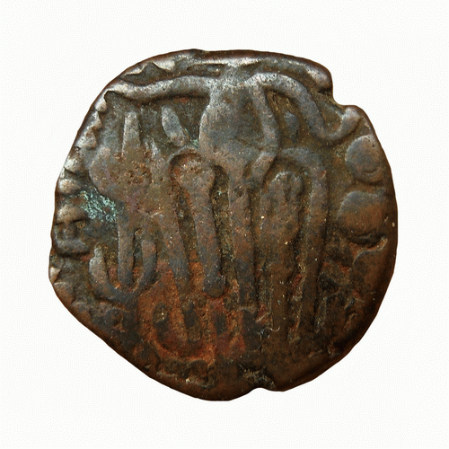 Индия, династия Чола, медная монета, X век, Кришна, играющий на флейте-2.gif