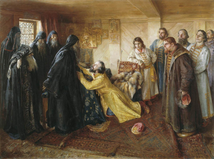 Царь Иван IV Грозный просит игумена Кирилла (Кирилло-Белозерского монастыря) благословить его в монахи.jpg