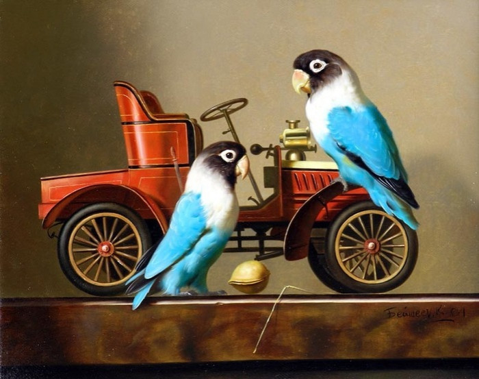 Машина bird. Птицы на автомобиле. Натюрморт с попугаями.