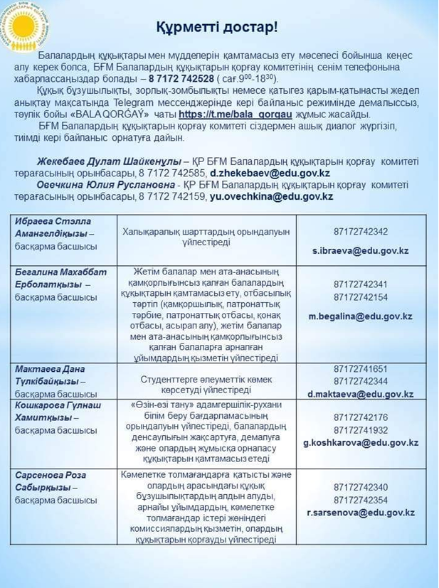 Балалардың құқықтарын қорғау Комитетінің Сенім телефондары